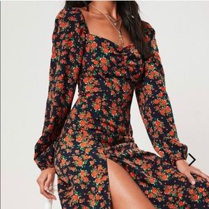 Missguided Navy Floral Print Milkmaid Midi Dress